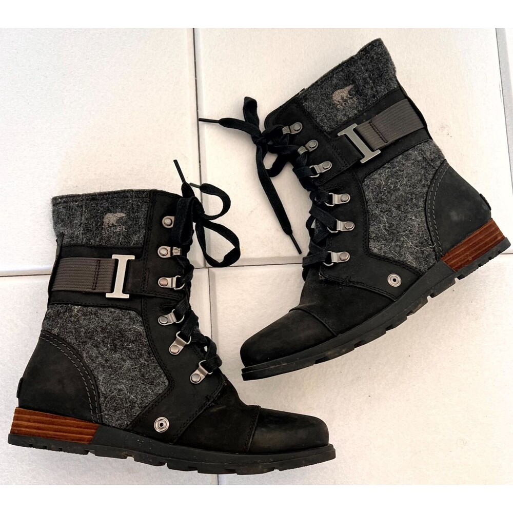 Sorel Major Carly Womens Boot 7 Black Gray Leather Wool Lace Up Boots NL2324-010 - Picture 1 of 13